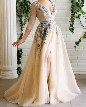Half Sleeve Champagne Evening Dresses Elegant Split Evening Gowns Long Formal Dress Prom Gown For Woman