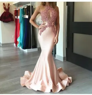halter evening dresses long mermaid pink lace appliqué beaded luxury evening gown formal dresses 2020