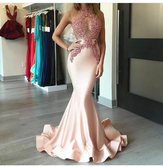 halter evening dresses long mermaid pink lace appliqué beaded luxury evening gown formal dresses 2020