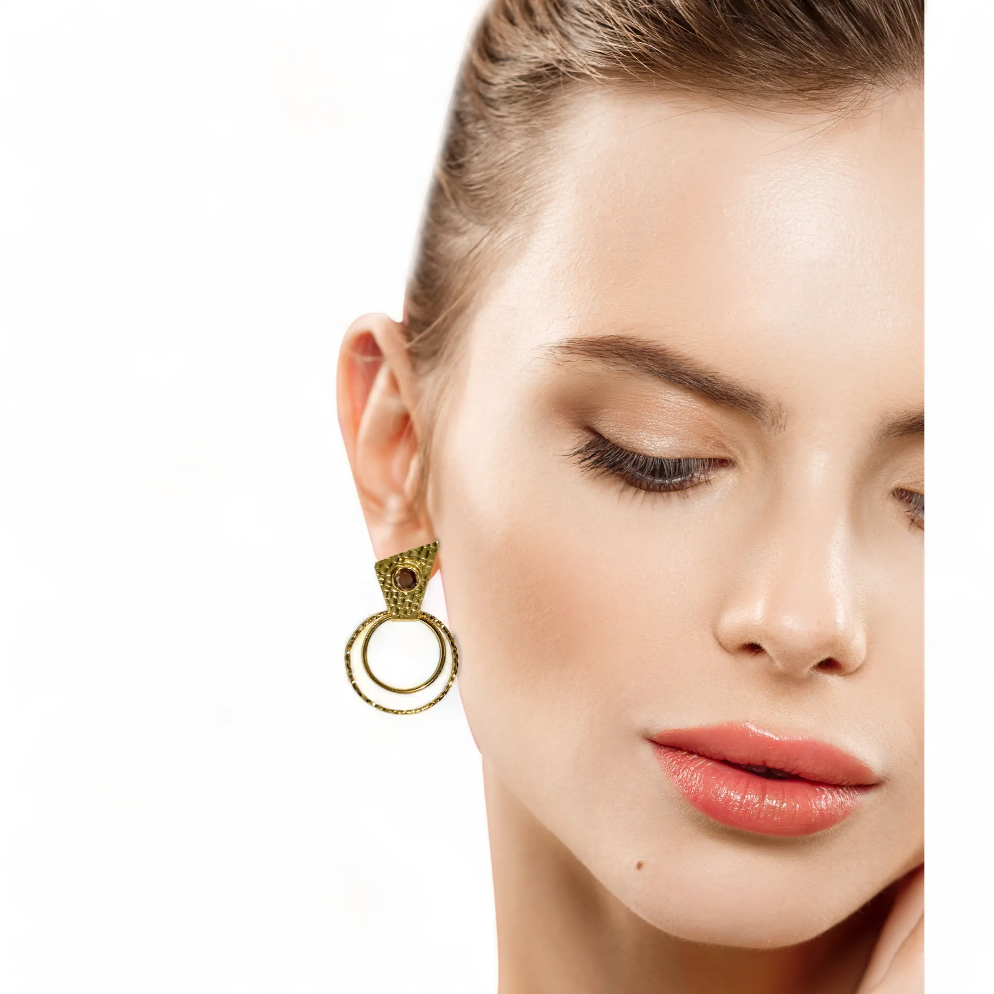 Handmade Gold-Plated Circle Earrings | Brown Cat Eye Stone | Artisan Crafted Jewelry | Unique Drop Earrings