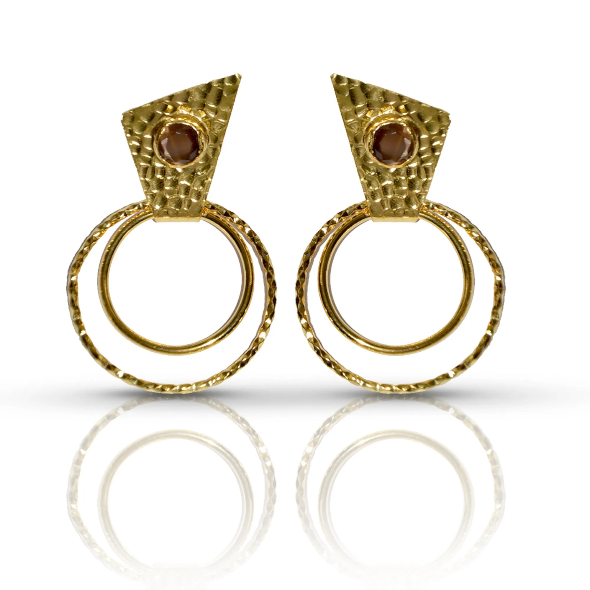 Handmade Gold-Plated Circle Earrings | Brown Cat Eye Stone | Artisan Crafted Jewelry | Unique Drop Earrings