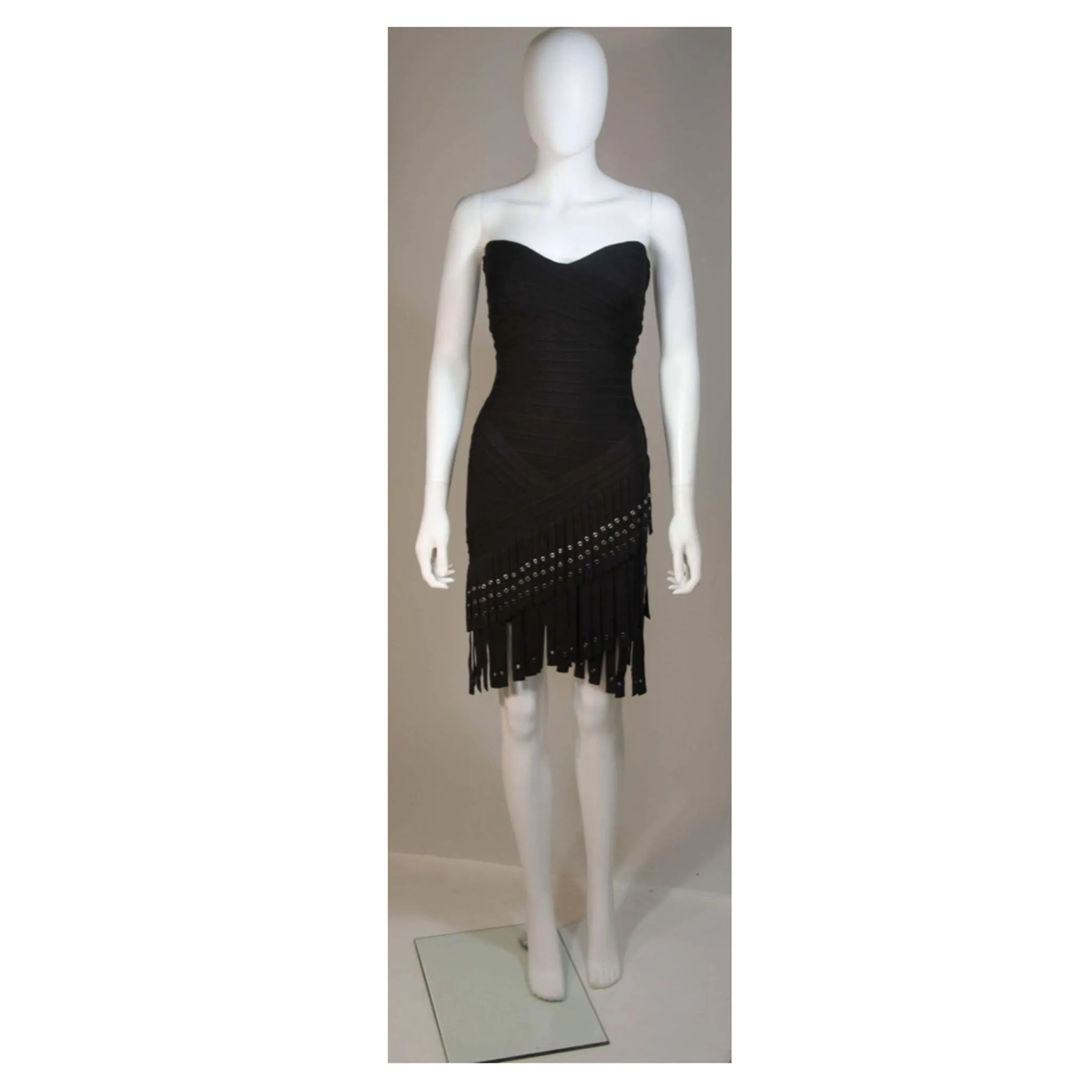 HERVE LEGER Black Bodicon Cocktail Dress with Gromets and Fringe Size XS