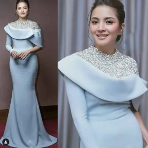 high neck beaded evening dresses long sleeve elegant mermaid blue satin cheap evening gown vestido longo