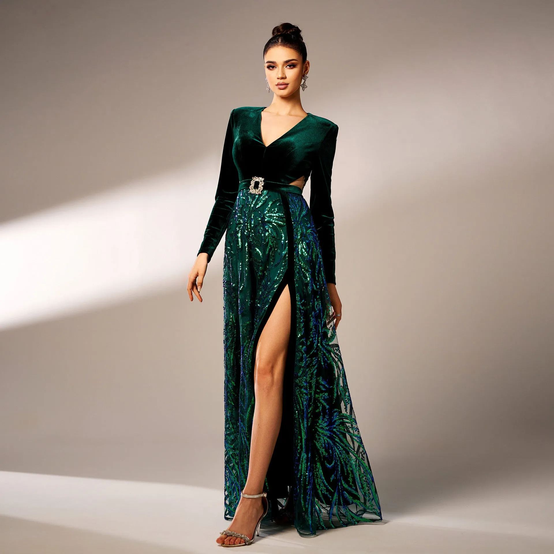 High slit sequin long sleeve maxi dress