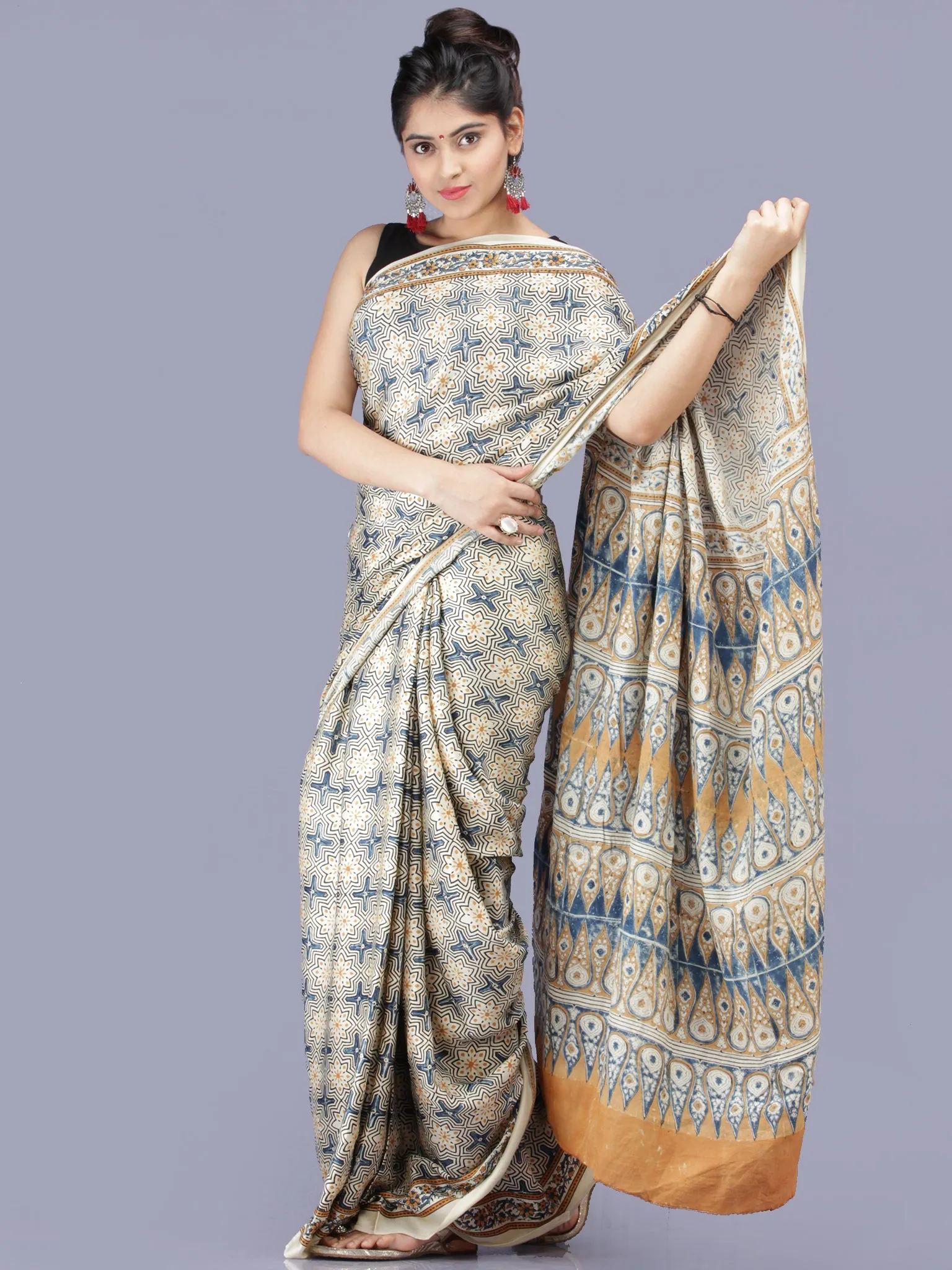 Ivory Indigo Mustard Ajrakh Hand Block Printed Modal Silk Saree - S031704219