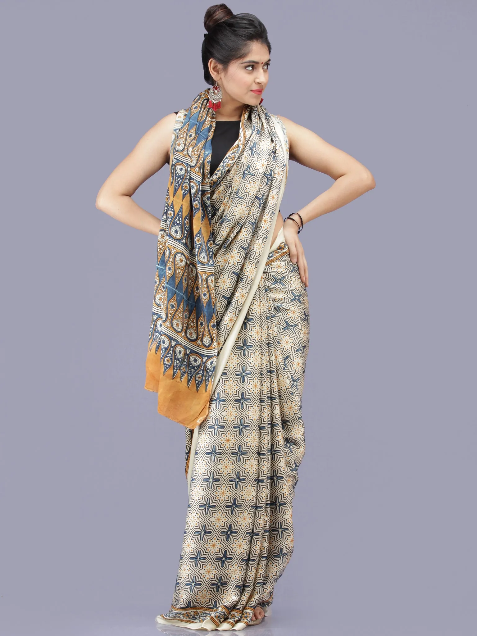 Ivory Indigo Mustard Ajrakh Hand Block Printed Modal Silk Saree - S031704219