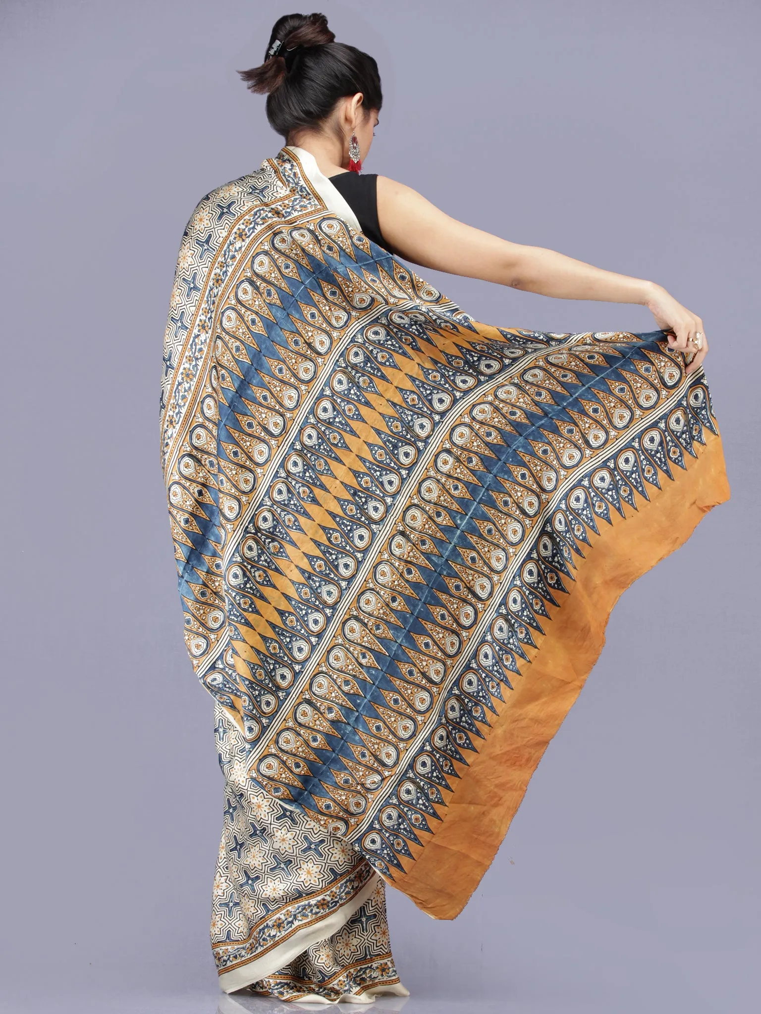 Ivory Indigo Mustard Ajrakh Hand Block Printed Modal Silk Saree - S031704219
