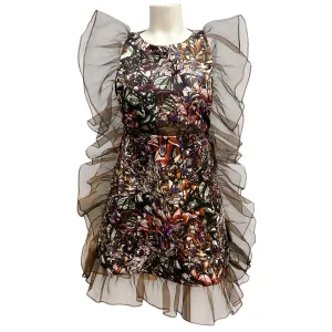Kika Vargas Brown Multi Ruffle Trimmed Printed Mini Cocktail Dress