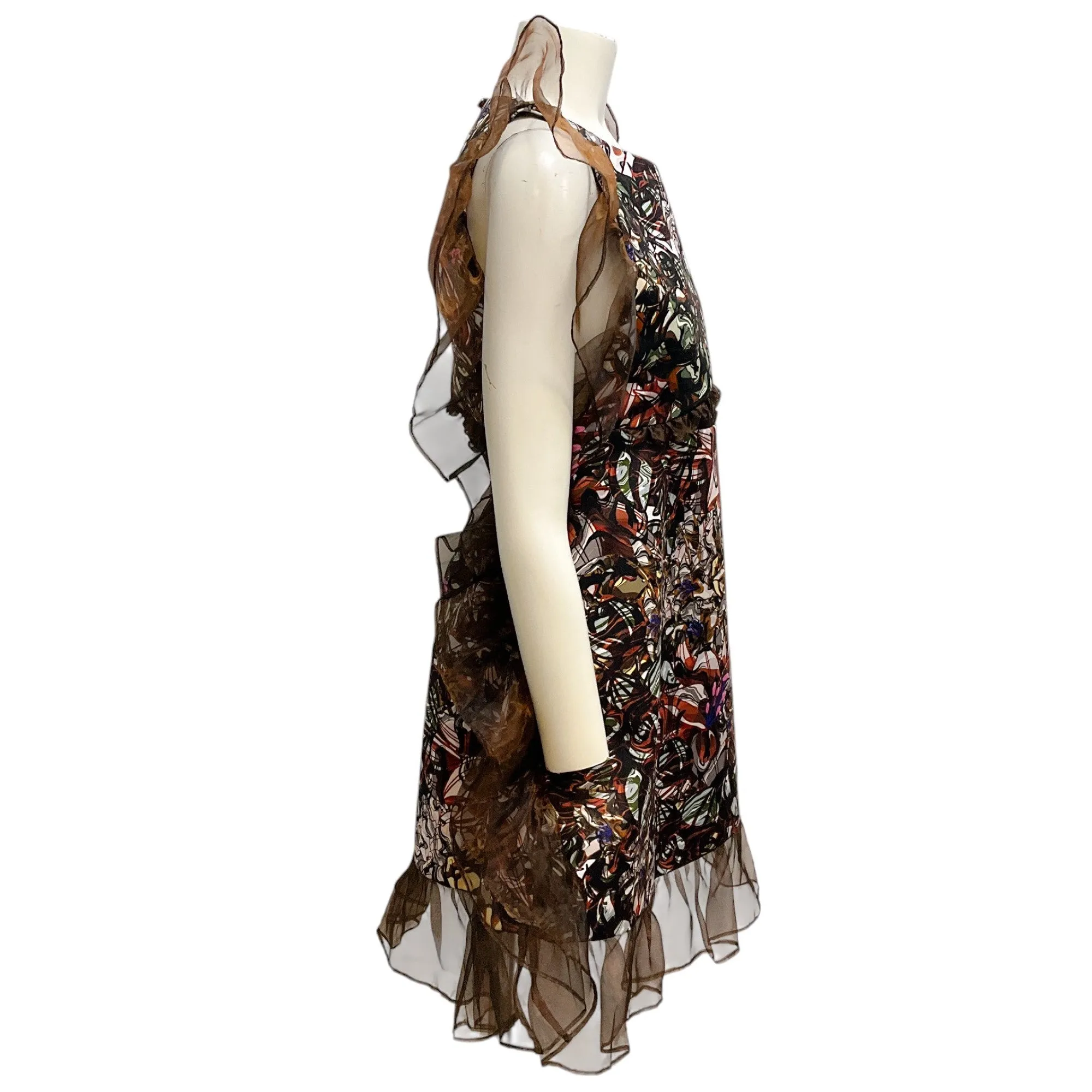 Kika Vargas Brown Multi Ruffle Trimmed Printed Mini Cocktail Dress