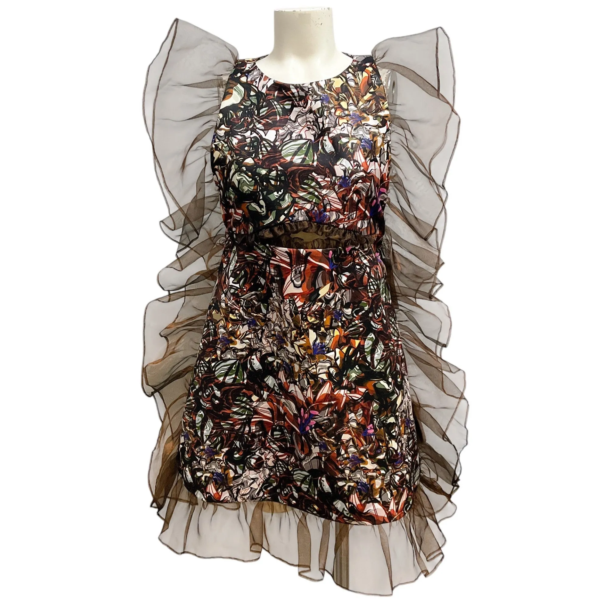 Kika Vargas Brown Multi Ruffle Trimmed Printed Mini Cocktail Dress