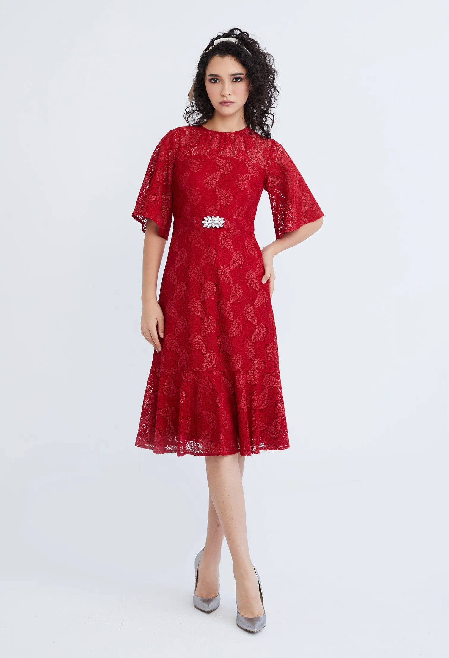 Lace Pearl Belted Cocktail Dress