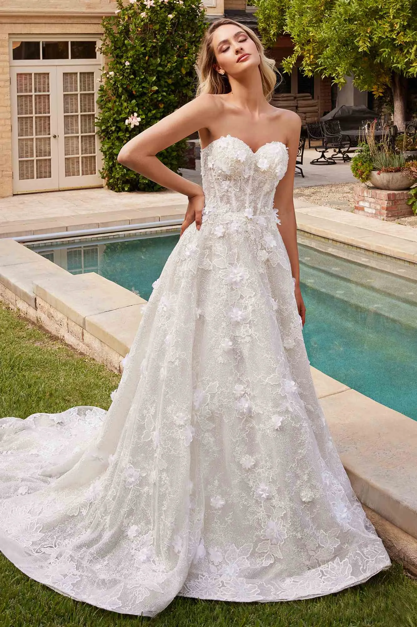 Ladivine CD860W Long Chapel Train Strapless A-Line Bridal Gown Removable Shawl