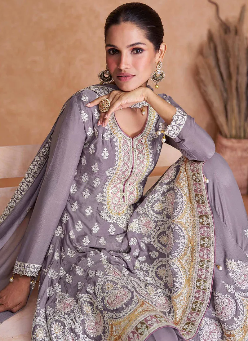 Lavender Multi Embroidery Wedding Gharara Style Suit