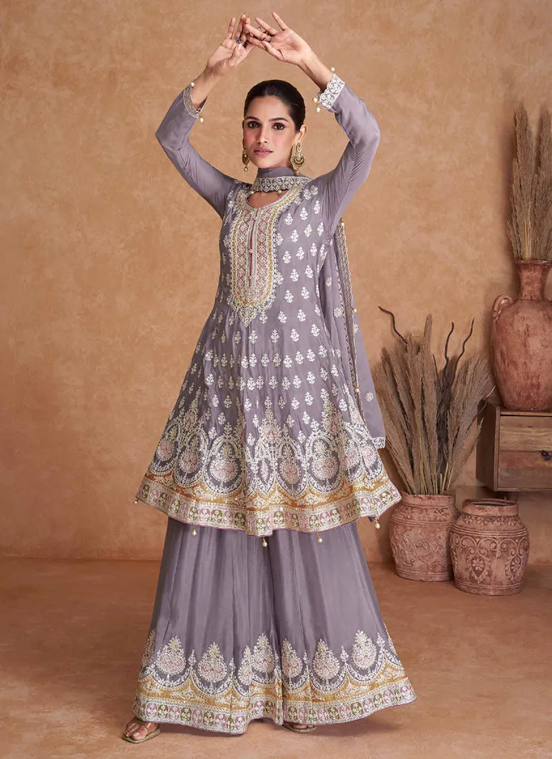 Lavender Multi Embroidery Wedding Gharara Style Suit