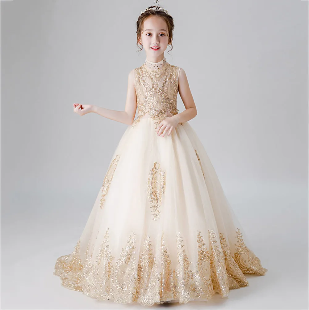 Little Girls Bronzing Flower Girl Dress with Train