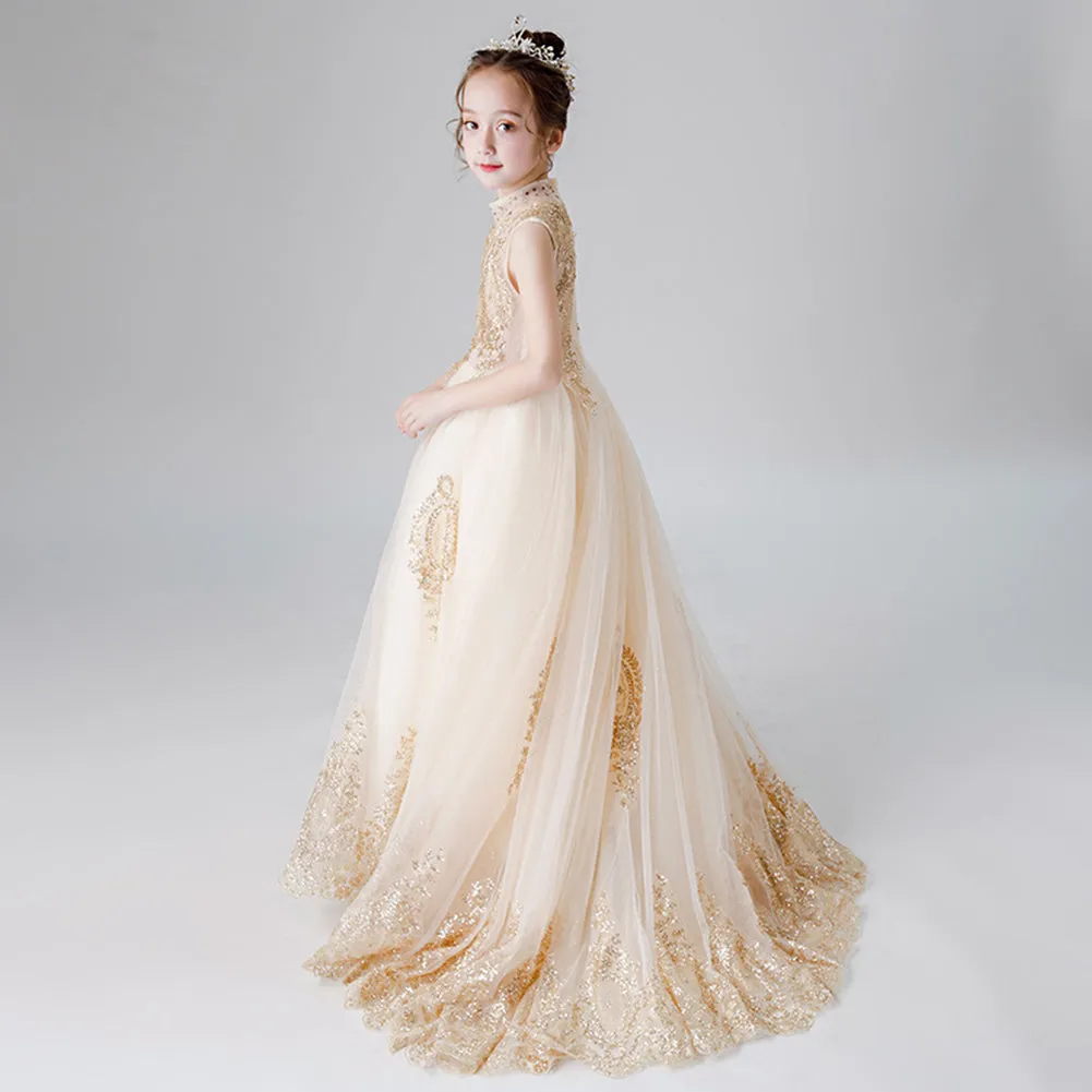 Little Girls Bronzing Flower Girl Dress with Train
