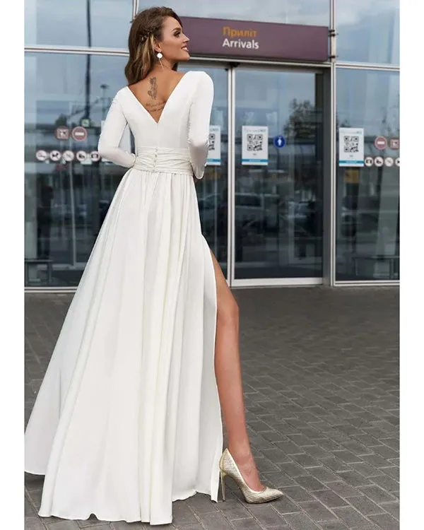 Long Sleeve Teal Green Satin Prom Dresses V-Neck Long Prom Party Gowns Split Side