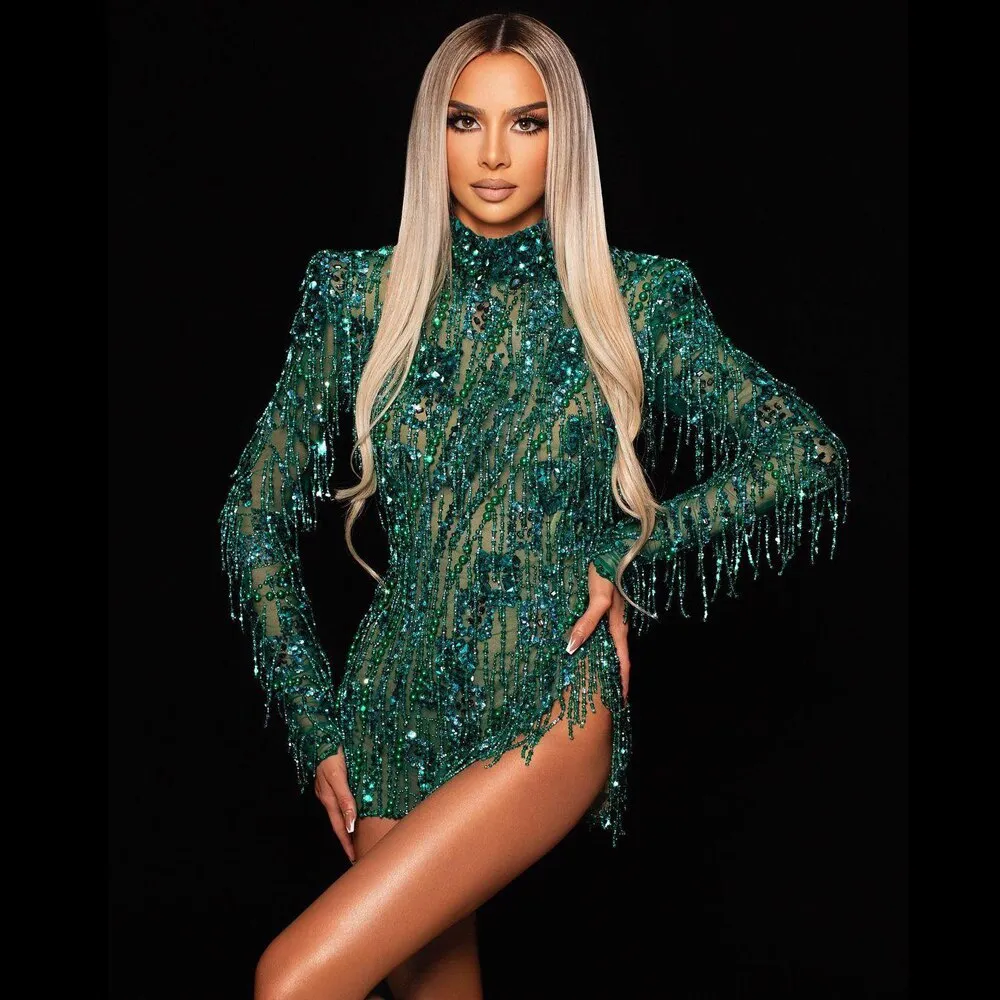 Long Sleeves Green Dress