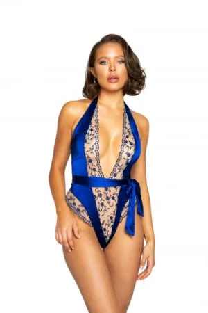 Low Plunge Floral Embroidery & Satin Teddy - Blue -