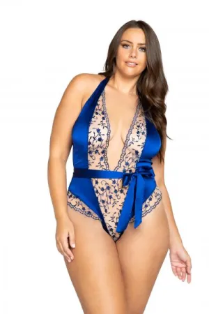 Low Plunge Floral Embroidery & Satin Teddy - Blue -