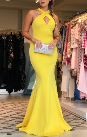 MACloth Halter V Neck Jersey Long Prom Dress Yellow Formal Evening Gown