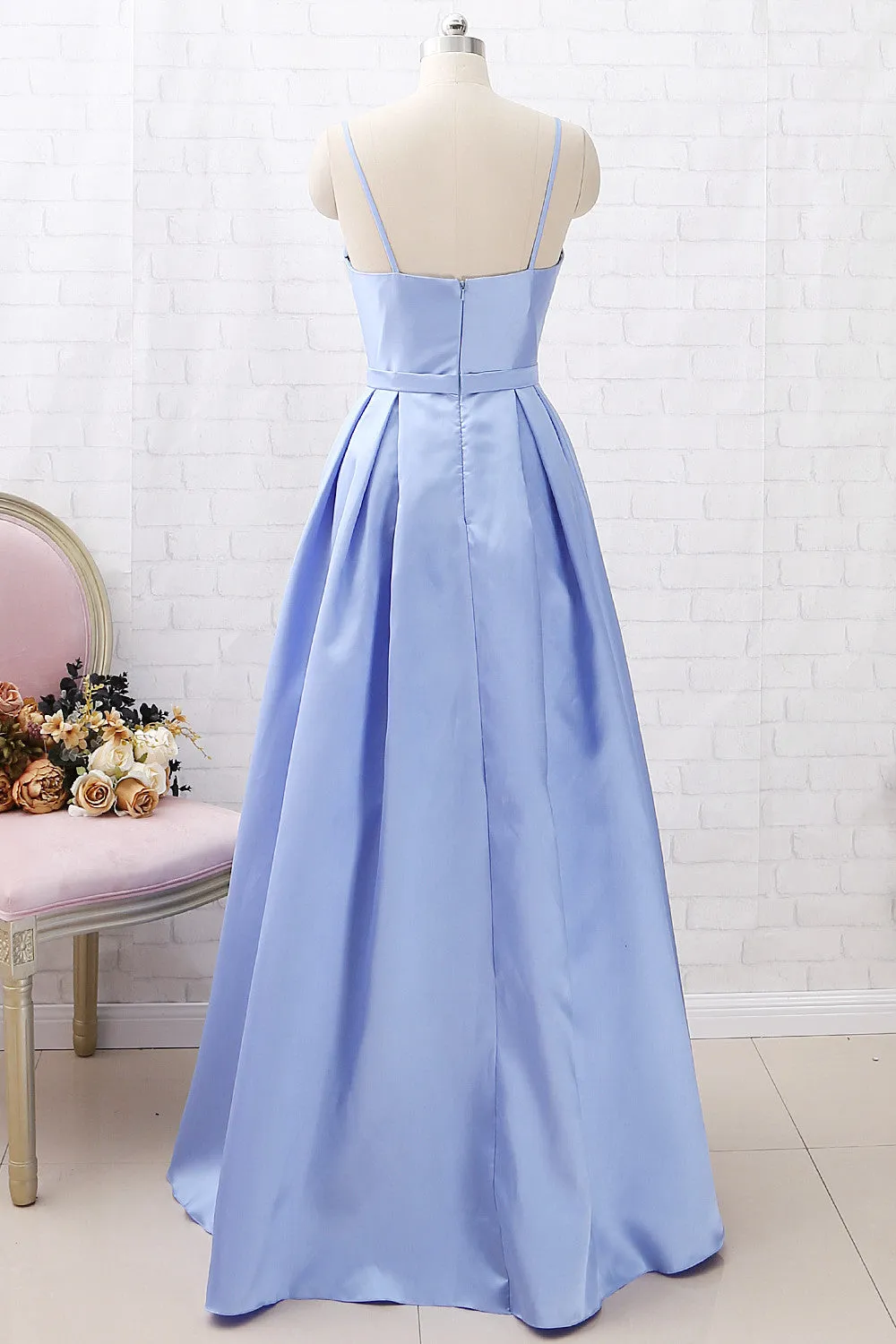 MACloth Spaghetti Straps Long Satin Prom Dress Sky Blue Formal Evening Gown