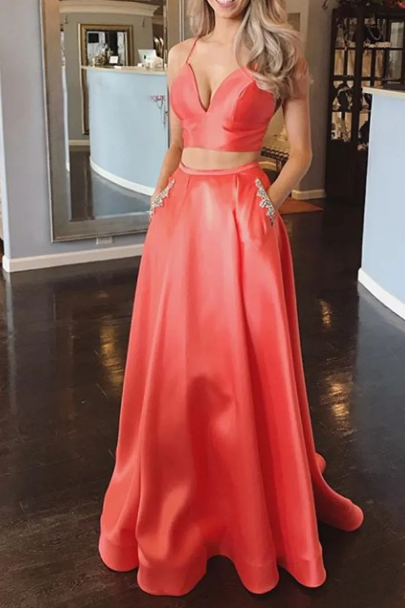MACloth Spaghetti Straps V neck 2 Piece Prom Dress Hot Pink / Coral Formal Gown