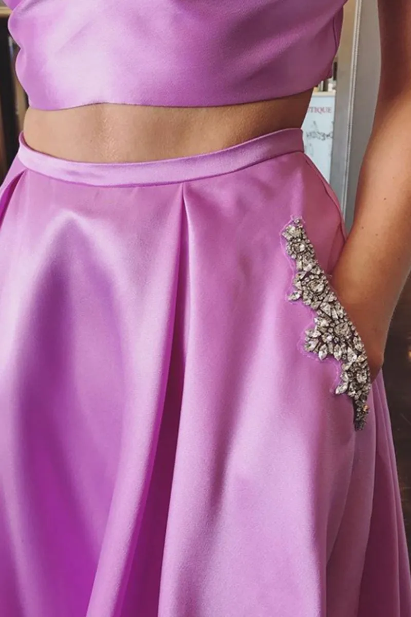 MACloth Spaghetti Straps V neck 2 Piece Prom Dress Hot Pink / Coral Formal Gown