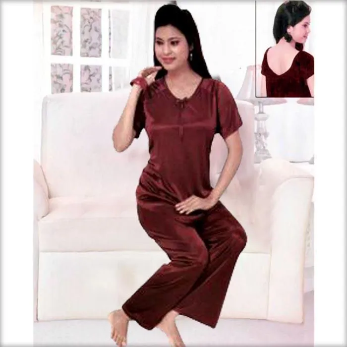 Maroon - FL-528 - Flourish 2 Piece Silk Nighty