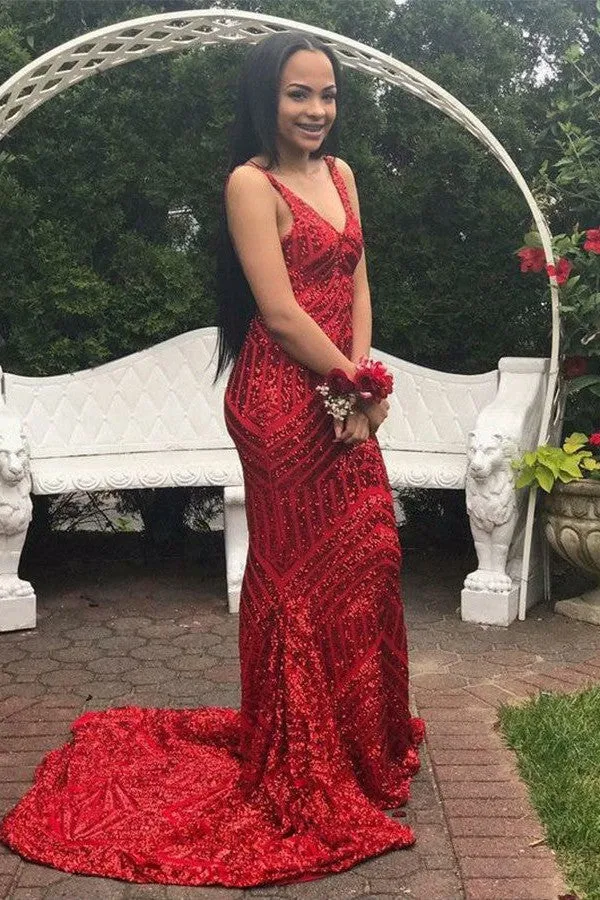 Mermaid Deep V-neck Spaghetti Strap Floor Length Chapel Paillette Evening Dress