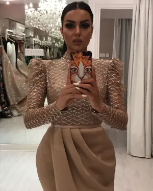 mermaid evening dresses long sleeve champagne sparkle sequin elegant formal evening gown vestido Longo