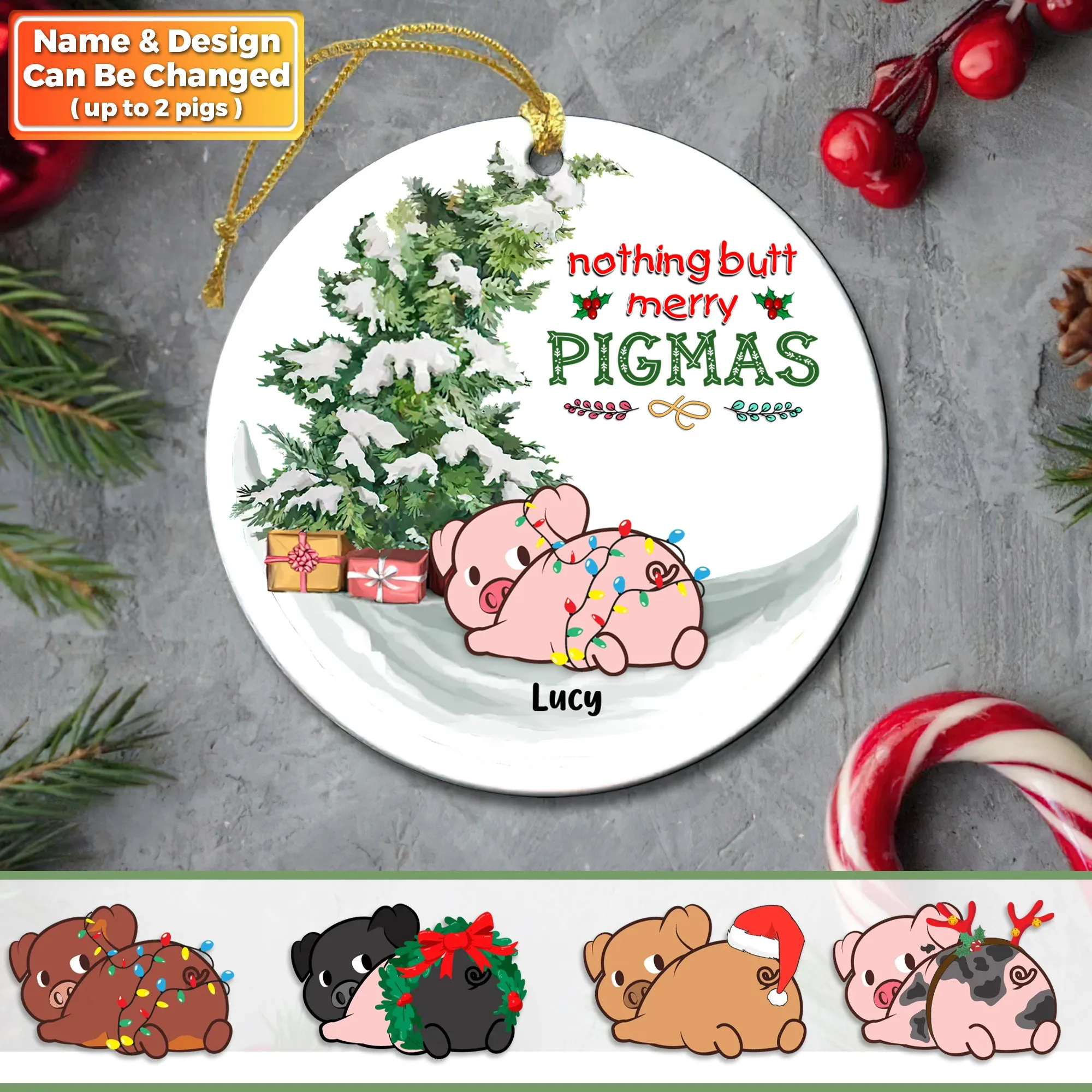 Merry Pigmas Pigs Personalized Circle Ornament - Merry Christmas