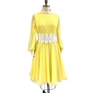 Mod 60s VTG Yellow Chiffon Cocktail Filmy Swirl dress Lace Trim Sz 6/S Union Made