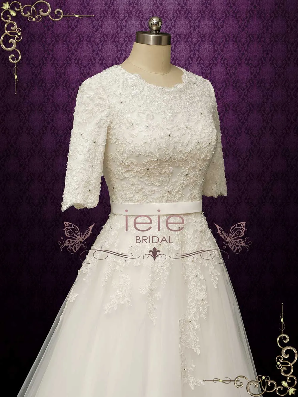 Modest Lace Wedding Dress with Half Sleeves LYA