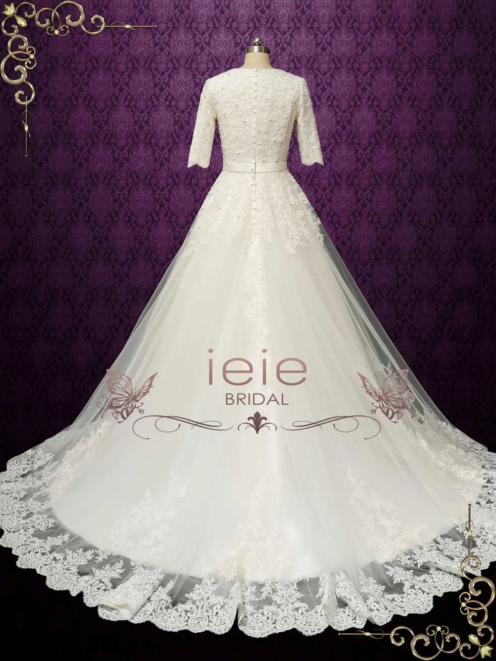 Modest Lace Wedding Dress with Half Sleeves LYA