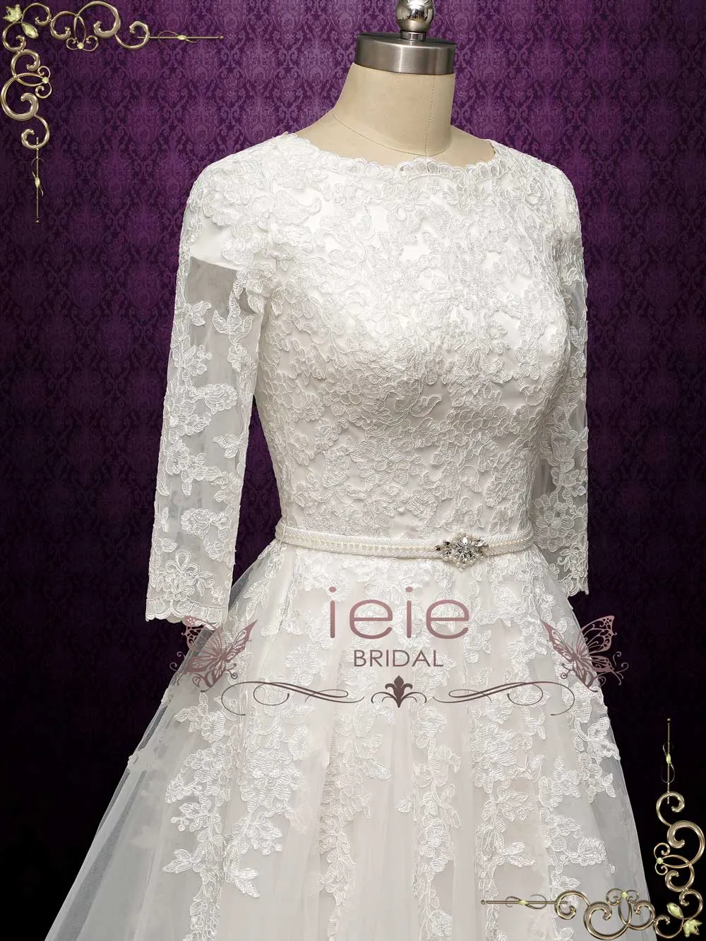 Modest Lace Wedding Dress with Quarter Sleeves AMABEL