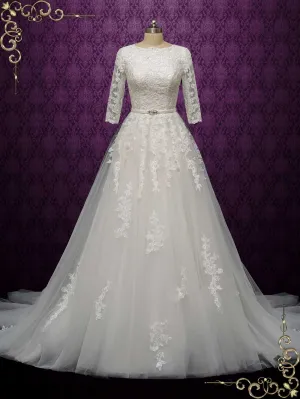 Modest Lace Wedding Dress with Quarter Sleeves AMABEL