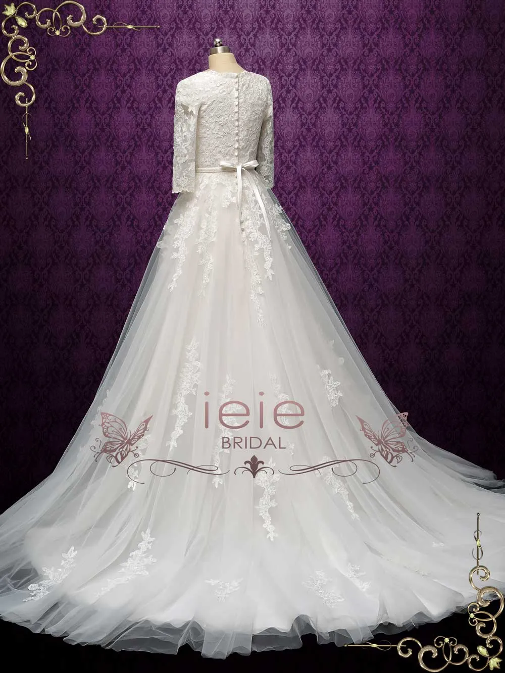 Modest Lace Wedding Dress with Quarter Sleeves AMABEL