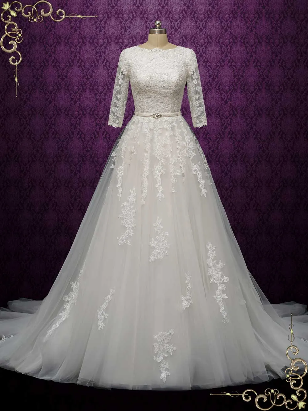 Modest Lace Wedding Dress with Quarter Sleeves AMABEL