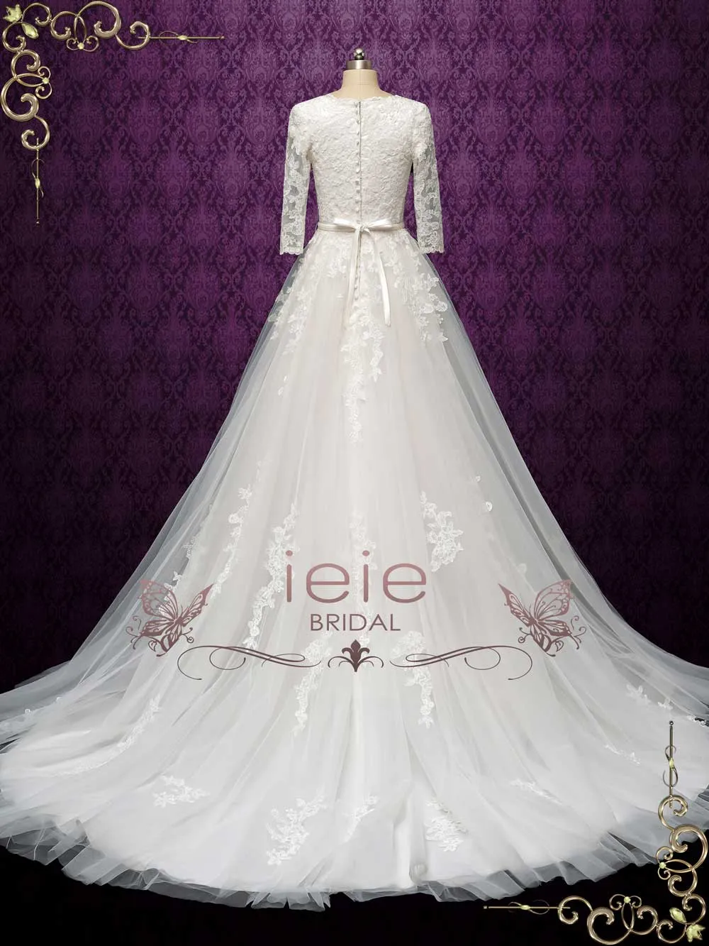 Modest Lace Wedding Dress with Quarter Sleeves AMABEL