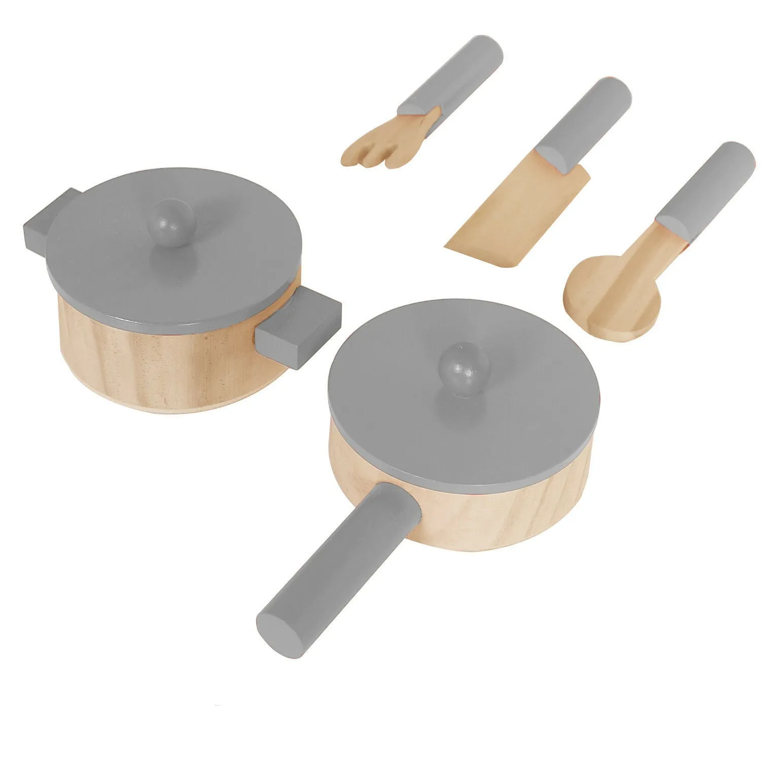 Montessori Wooden Toy Kitchen with Microwave, Oven, Pans & Utensils | Realistic Features | White & Grey