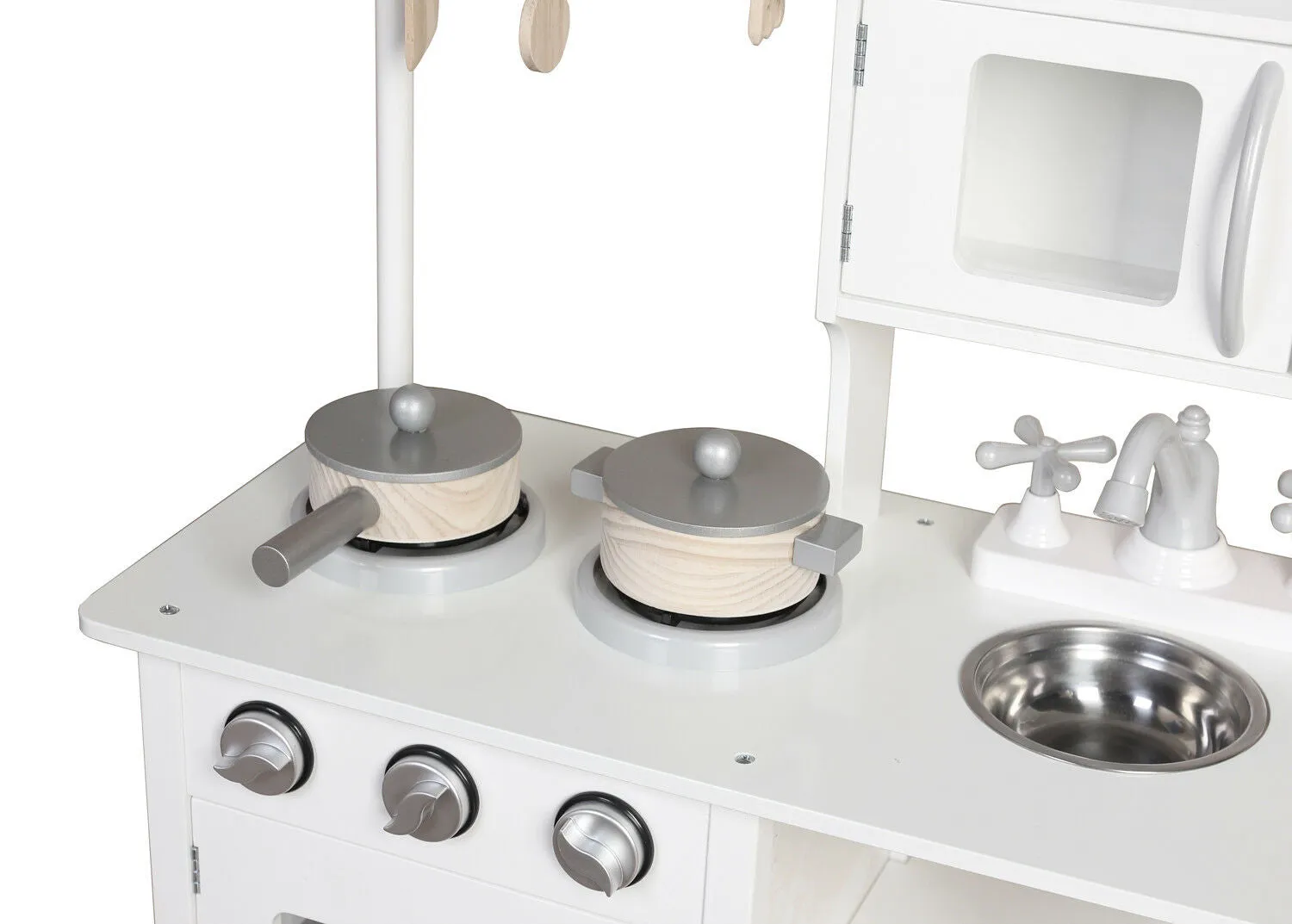 Montessori Wooden Toy Kitchen with Microwave, Oven, Pans & Utensils | Realistic Features | White & Grey