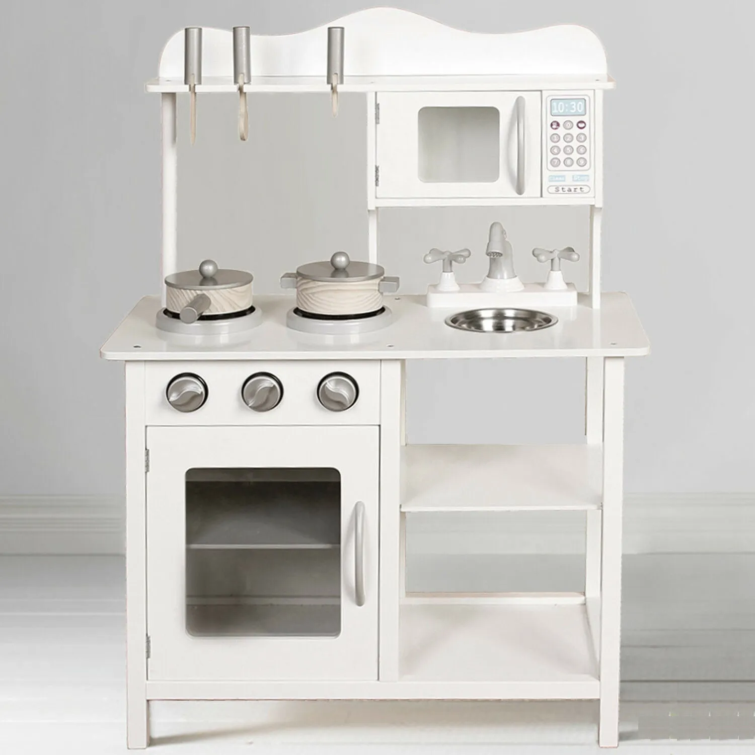 Montessori Wooden Toy Kitchen with Microwave, Oven, Pans & Utensils | Realistic Features | White & Grey