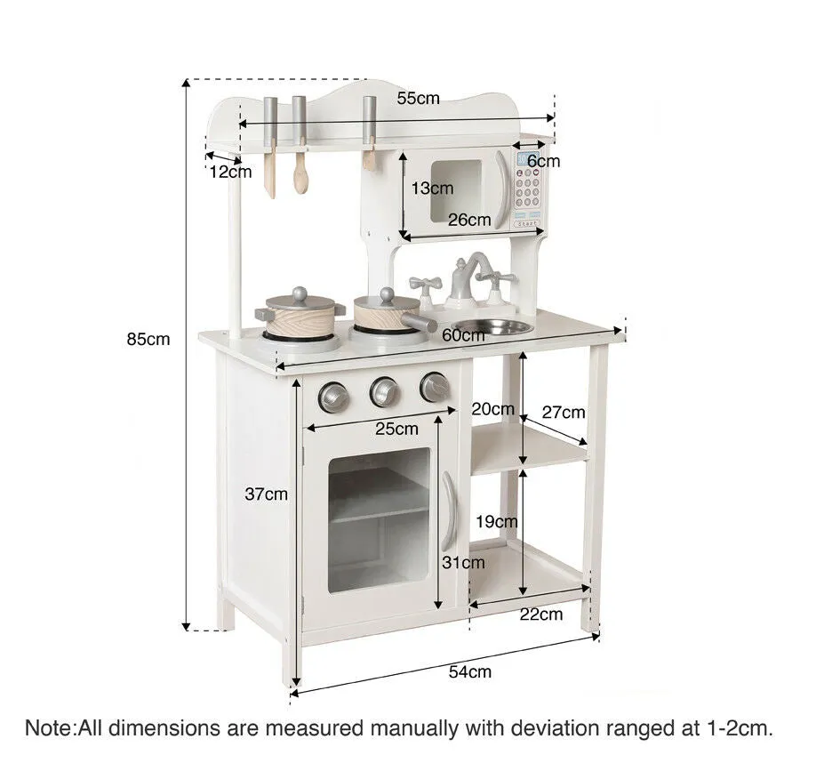 Montessori Wooden Toy Kitchen with Microwave, Oven, Pans & Utensils | Realistic Features | White & Grey