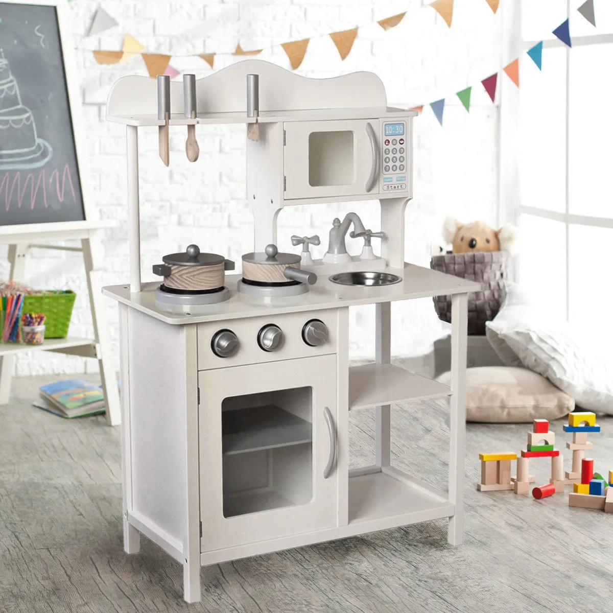 Montessori Wooden Toy Kitchen with Microwave, Oven, Pans & Utensils | Realistic Features | White & Grey