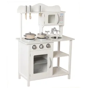 Montessori Wooden Toy Kitchen with Microwave, Oven, Pans & Utensils | Realistic Features | White & Grey