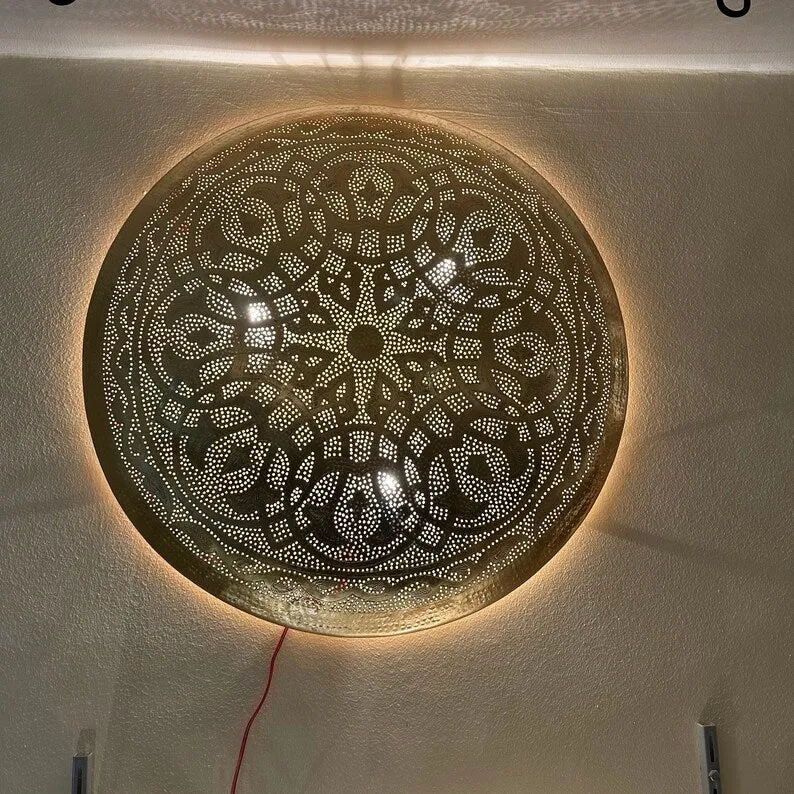 Moroccan Circle-Shaped Wall Lamp – Handcrafted Brass Sconce, Round Wall Light, Customizable Ceiling Mount