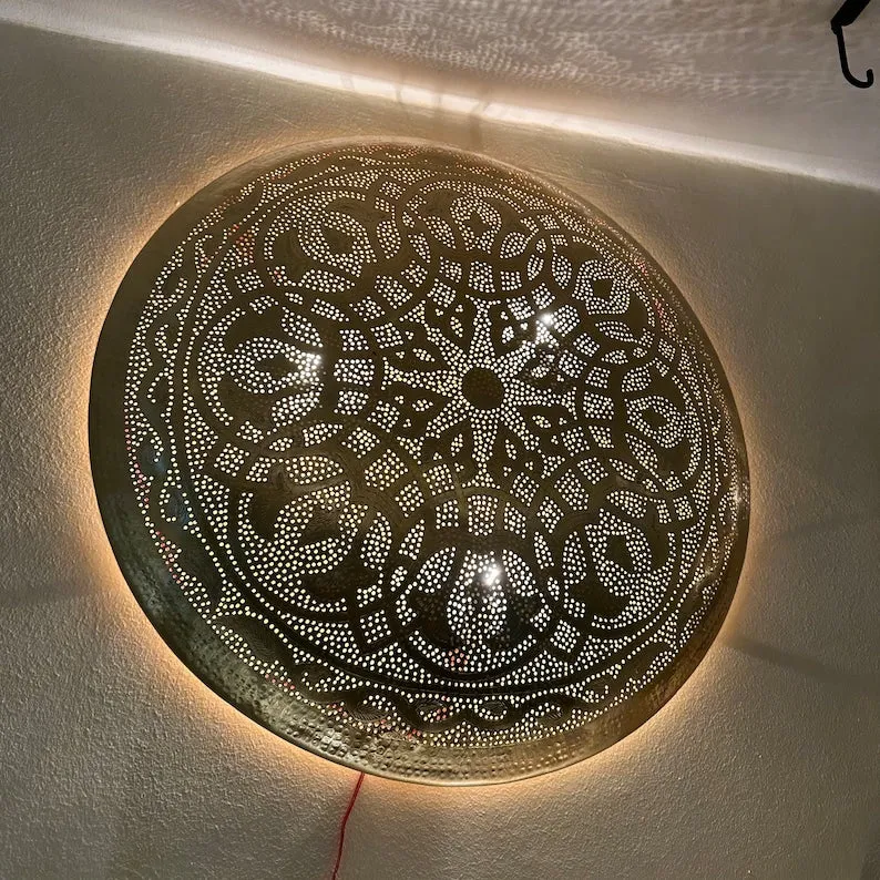 Moroccan Circle-Shaped Wall Lamp – Handcrafted Brass Sconce, Round Wall Light, Customizable Ceiling Mount