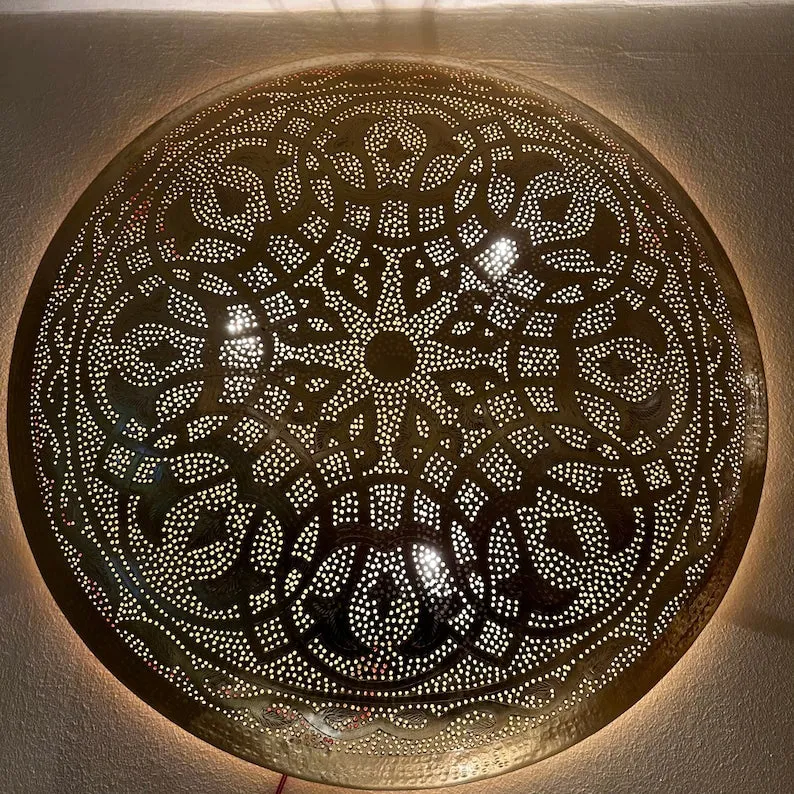 Moroccan Circle-Shaped Wall Lamp – Handcrafted Brass Sconce, Round Wall Light, Customizable Ceiling Mount
