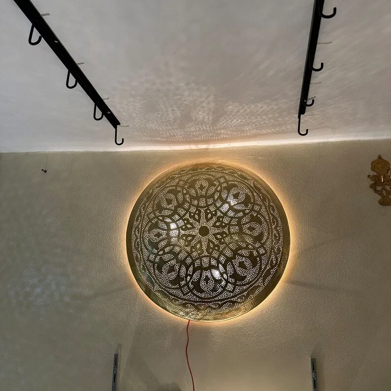 Moroccan Circle-Shaped Wall Lamp – Handcrafted Brass Sconce, Round Wall Light, Customizable Ceiling Mount